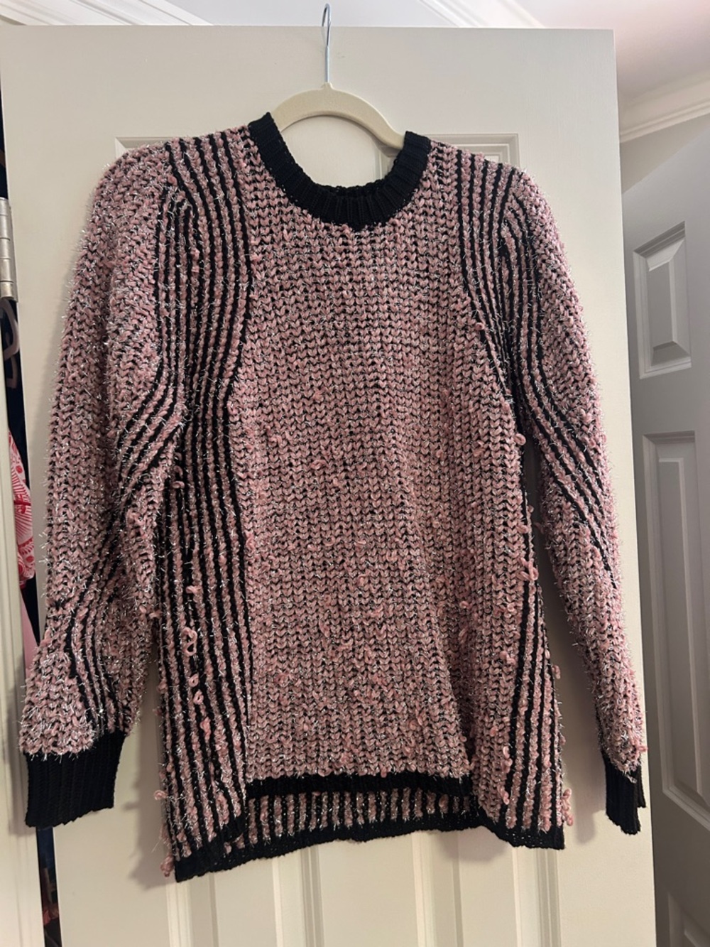 Free the Roses Pink and Black Textured Crew Neck Sweater